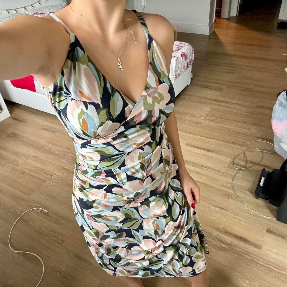 Joie Floral Print Midi Dress Faux Wrap Surplice V Neck Women S Navy Pink NEW - Picture 5 of 12